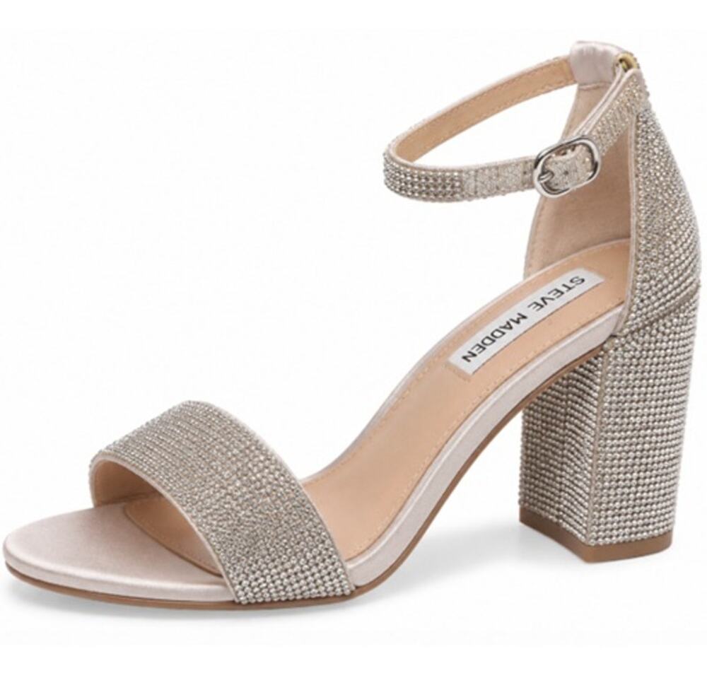 Steve Madden Rhinestone Block Heel Sandals Silver Evening Shoes Womens 5M NWOT